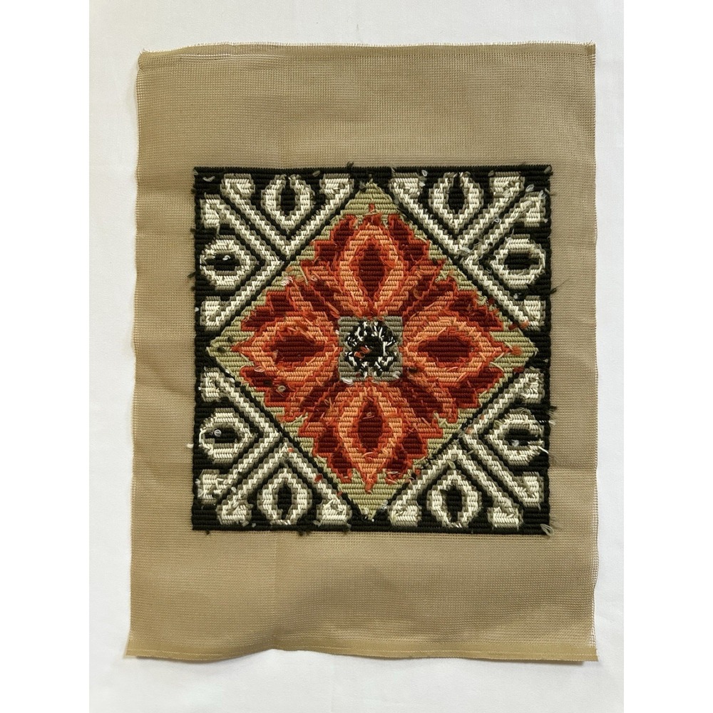 Vtg Norwegian Akle Needlepoint Panel Scandinavian Folk Art Floral Orange (E) - Picture 7 of 7